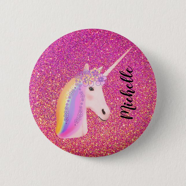 Pink Glitter Sparkles Unicorn Girl's Personalized Button (Front)