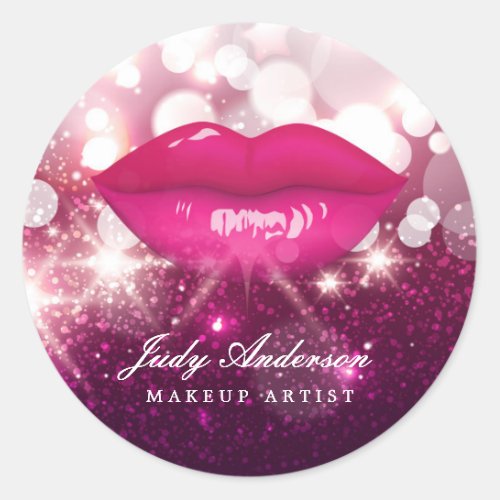 Pink Glitter Sparkling Red Lips Makeup Artist Classic Round Sticker