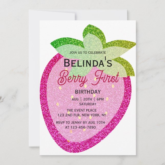 Pink Glitter Sparkling Y2K Strawberry 1st Birthday Invitation (Front)