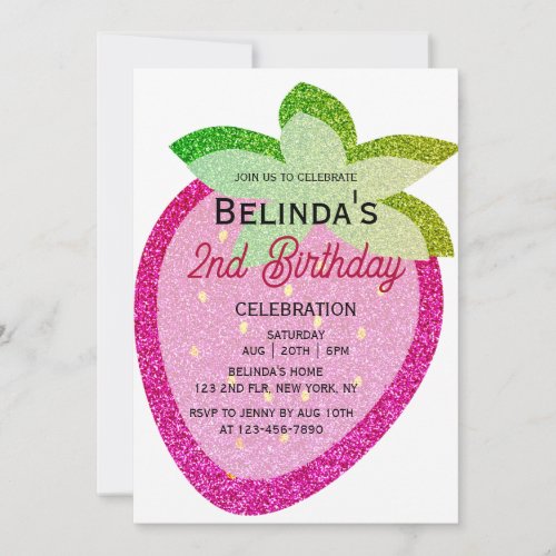 Pink Glitter Sparkling Y2K Strawberry 2nd Birthday Invitation