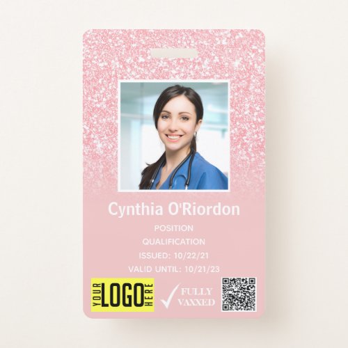 Pink Glitter Staff Photo ID QR Barcode Badge