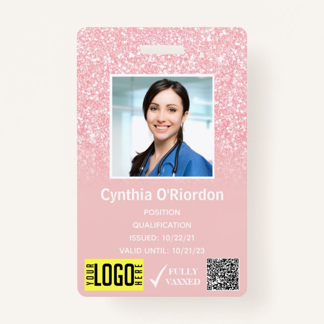 Pink Glitter Staff Photo ID QR Barcode Badge (Front)