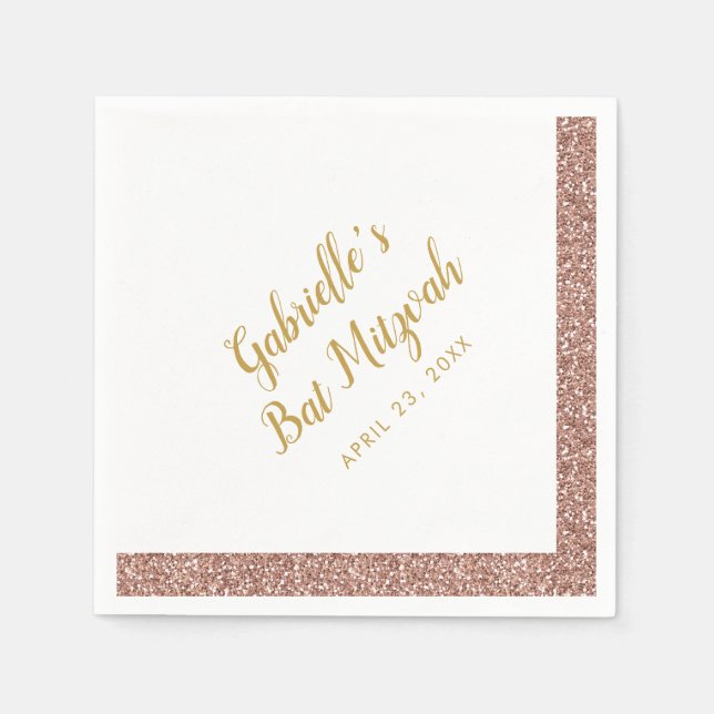 Pink Glitter Stripe Girly Rose Gold Bat Mitzvah Napkins (Front)