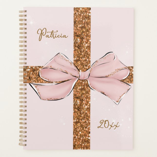 Pink Glitter Stripes & Bow Personalized Planner (Front)