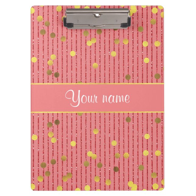 Pink Glitter Stripes Gold Confetti Clipboard (Front)