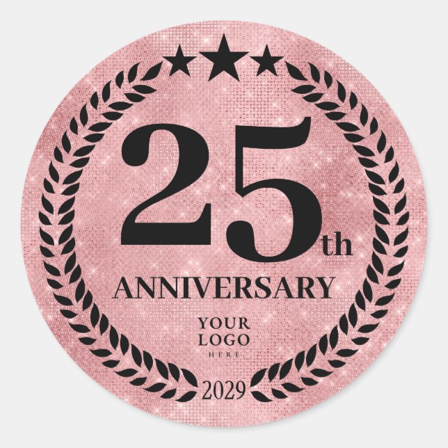  Pink Glitter Style 25th Anniversary Business Logo Classic Round Sticker (Front)