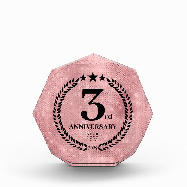  Pink Glitter Style 3rd Anniversary Business Logo Acrylic Award (Front)