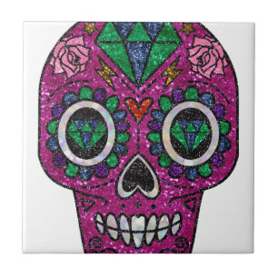 pink glitter sugar skull ceramic tile