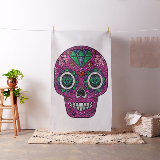pink glitter sugar skull fabric
