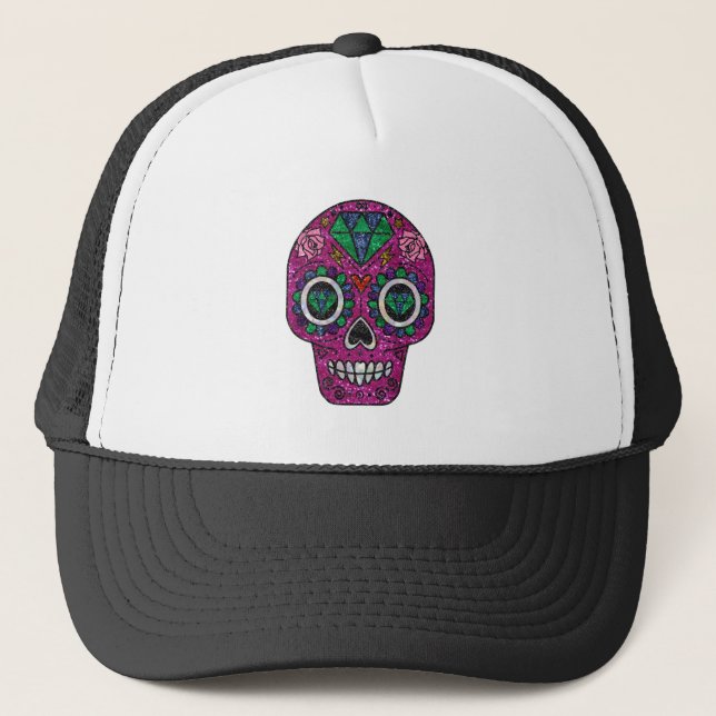 pink glitter sugar skull trucker hat (Front)