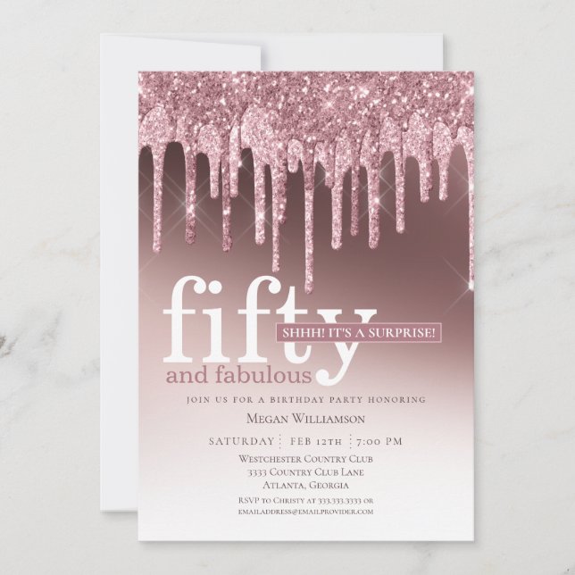 Pink Glitter Surprise Fifty and Fabulous Birthday Invitation (Front)