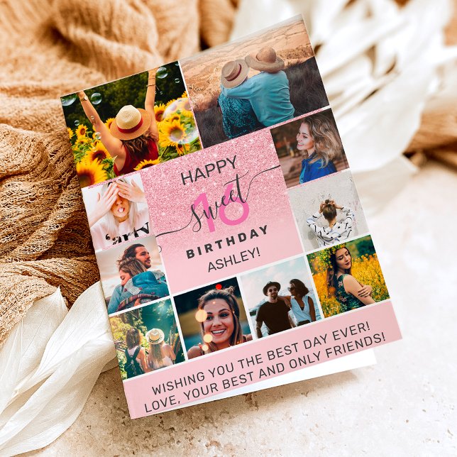Pink glitter sweet 16 birthday 11 photo collage card (Creator Uploaded)