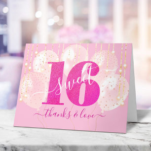 Pink Glitter Sweet 16 Birthday Balloon Girly Glam Letterpress Thank You Card
