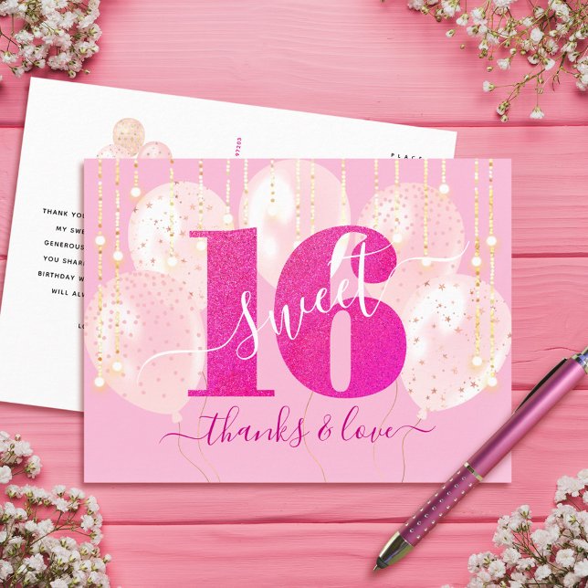 Pink Glitter Sweet 16 Birthday Balloon Thank You Postcard (Creator Uploaded)