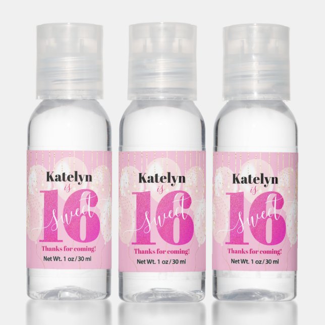 Pink Glitter Sweet 16 Birthday Balloons Chic Girly Hand Sanitizer (Set)