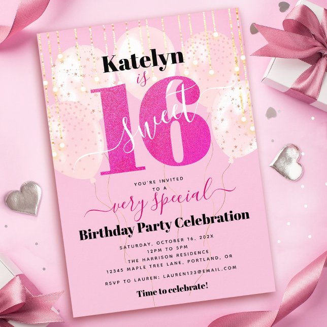 Pink Glitter Sweet 16 Birthday Balloons Modern Invitation (Creator Uploaded)