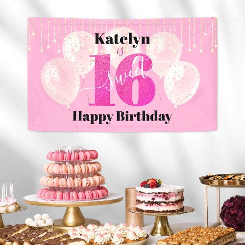 Pink Glitter Sweet 16 Birthday Balloons Script Banner