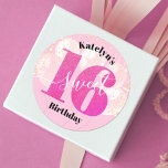 Pink Glitter Sweet 16 Birthday Balloons Script Classic Round Sticker<br><div class="desc">“Happy Sweet 16”. Celebrate her birthday with this stunning, simple, festive, modern, personalized round sticker. Bold, graphic, black typography and white handwritten script overlay a hot pink glitter “16”, blush pink balloons and gold sparkly string lights on a soft light pink background. Personalize the custom text with your daughter’s name....</div>