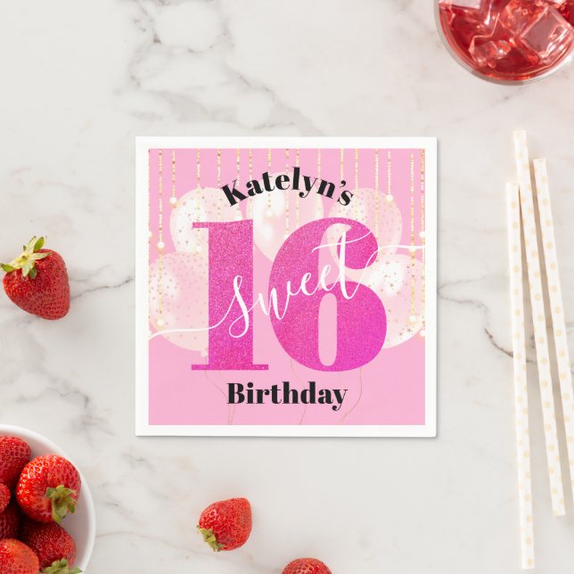 Pink Glitter Sweet 16 Birthday Balloons Script Napkins (Insitu)