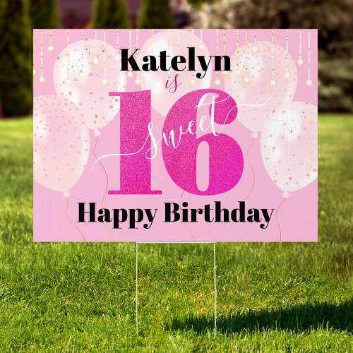 Pink Glitter Sweet 16 Birthday Bold Balloons Yard Sign