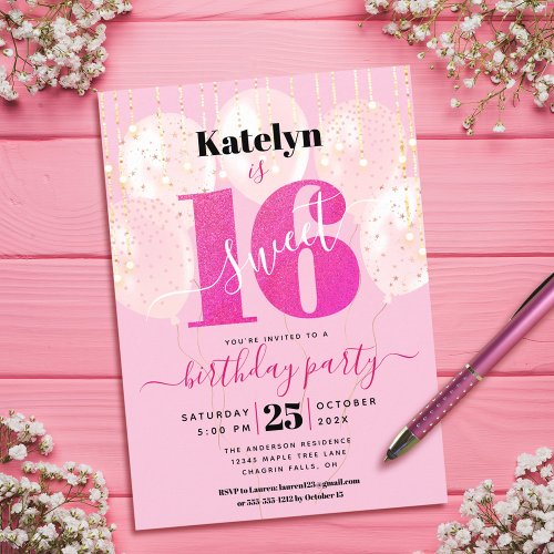 Pink Glitter Sweet 16 Birthday Chic Girly Balloons Invitation
