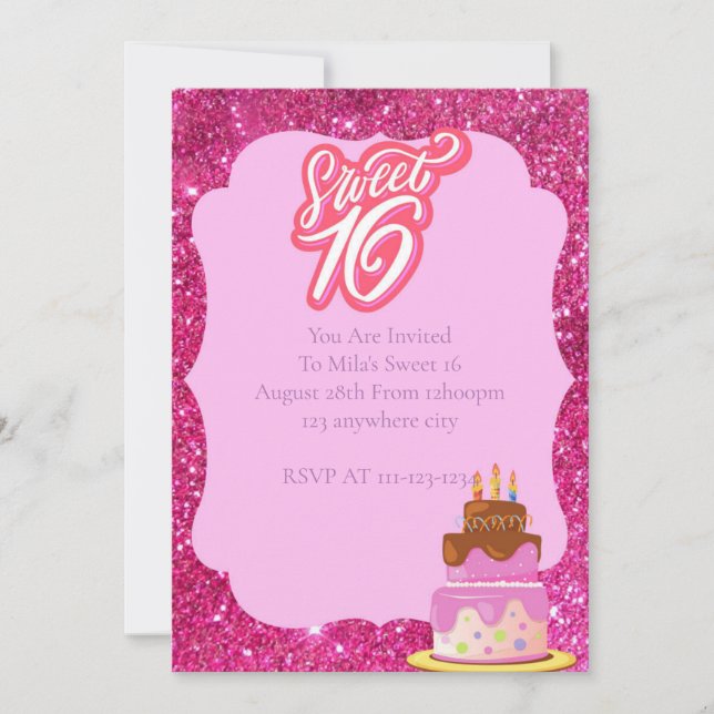 Pink glitter SWEET 16 BIRTHDAY INVITATION (Front)