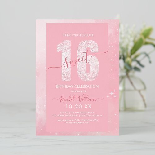 Pink Glitter Sweet 16 Birthday Invitation for Girl
