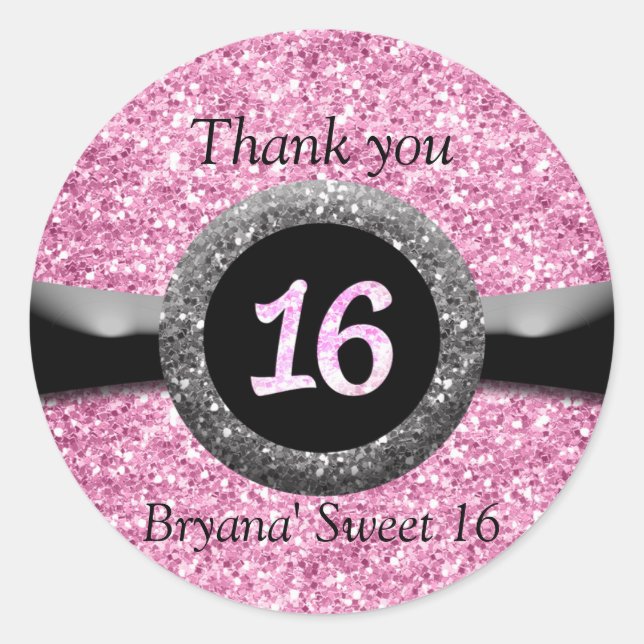 Pink Glitter Sweet 16 Birthday Party Favor Sticker (Front)