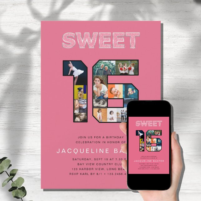 Pink Glitter Sweet 16 Birthday Photo Invitation (Creator Uploaded)
