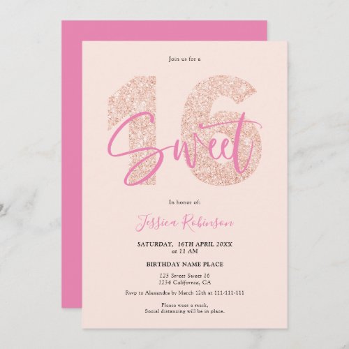 Pink glitter Sweet 16 blush script photo birthday Invitation