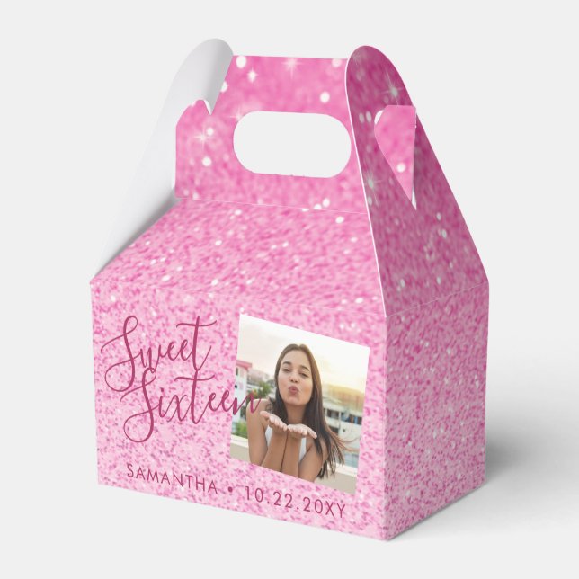Pink Glitter Sweet 16 Chic Photo  Favor Boxes (Front Side)