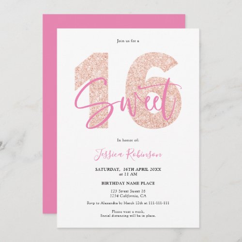 Pink glitter Sweet 16 girly script photo birthday Invitation