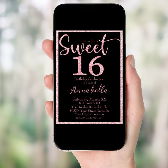 Pink Glitter Sweet 16 on Black Birthday Invitation (Front Digital)