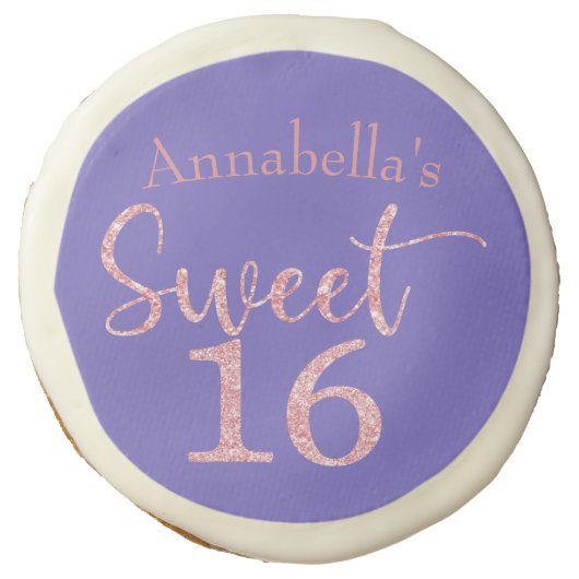 Pink Glitter Sweet 16 on Purple Birthday Sugar Cookie (Front)