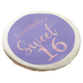 Pink Glitter Sweet 16 on Purple Birthday Sugar Cookie (Angled)