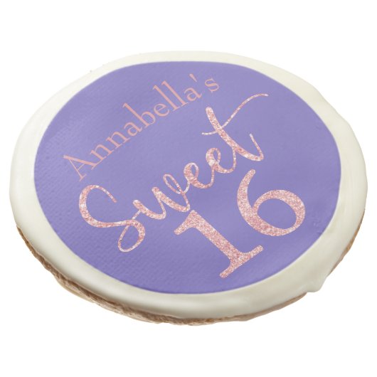 Pink Glitter Sweet 16 on Purple Birthday Sugar Cookie (Angled)