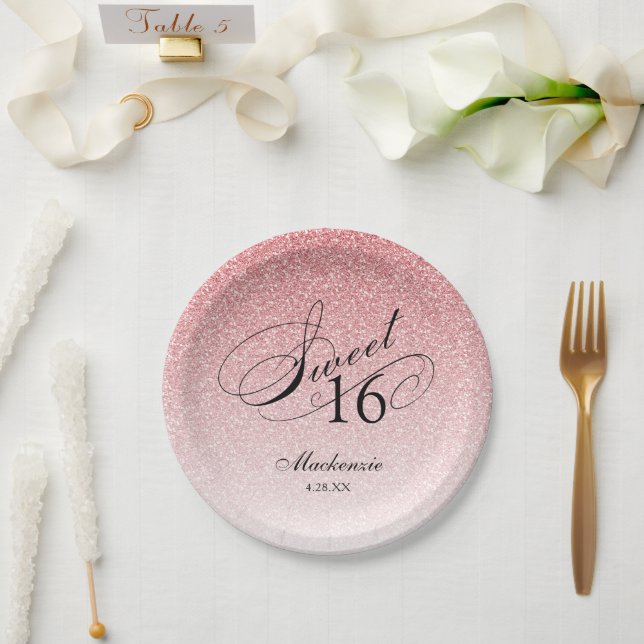 Pink Glitter Sweet 16 Personalized Paper Plates (Wedding)