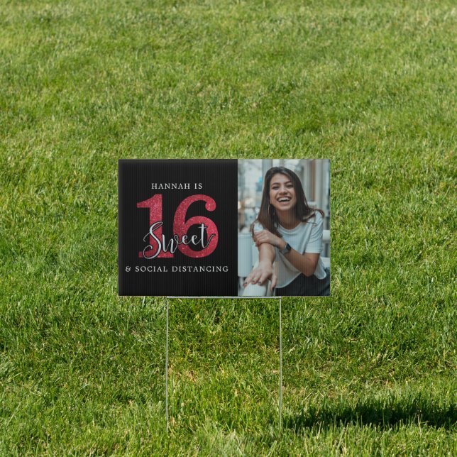 Pink Glitter Sweet 16 | Photo Birthday Yard Sign (Insitu)