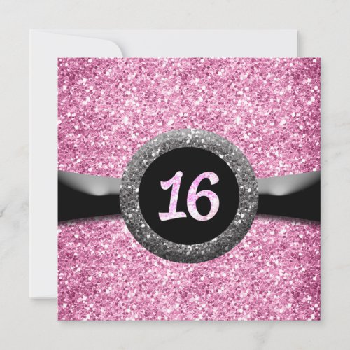 Pink Glitter Sweet 16 Ribbon Emblem Invitation