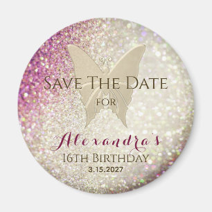 Pink Glitter Sweet 16 Save the Date Invitation  Magnet
