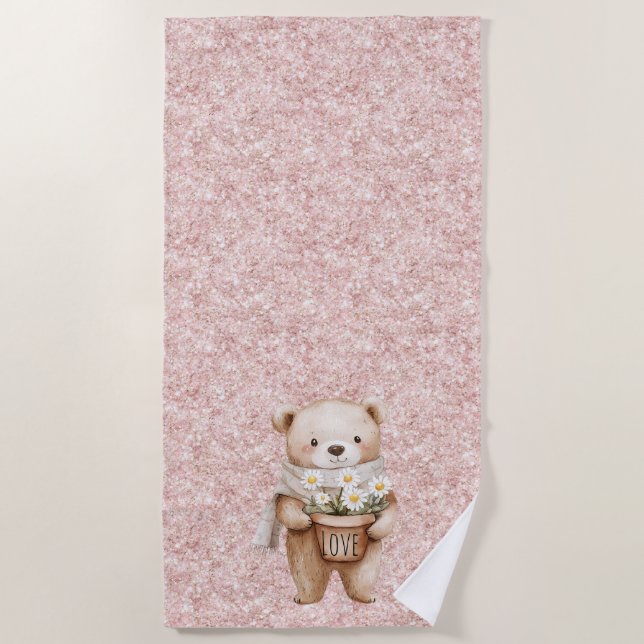Pink Glitter Sweet Bear Daisy Flowers Beach Towel (Front)