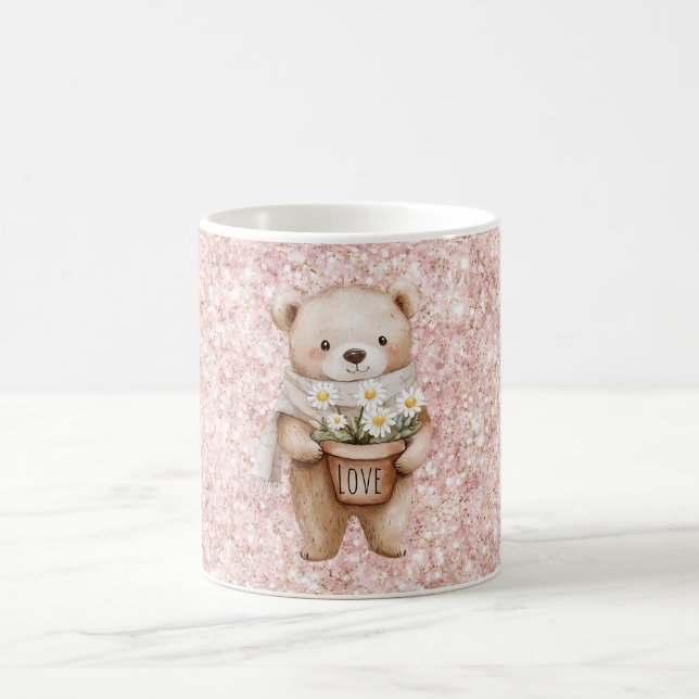 Pink Glitter Sweet Bear Daisy Flowers Coffee Mug (Center)