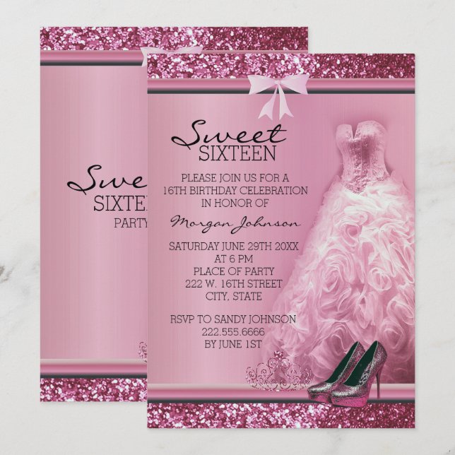 Pink Glitter Sweet Sixteen Birthday Invitation (Front/Back)
