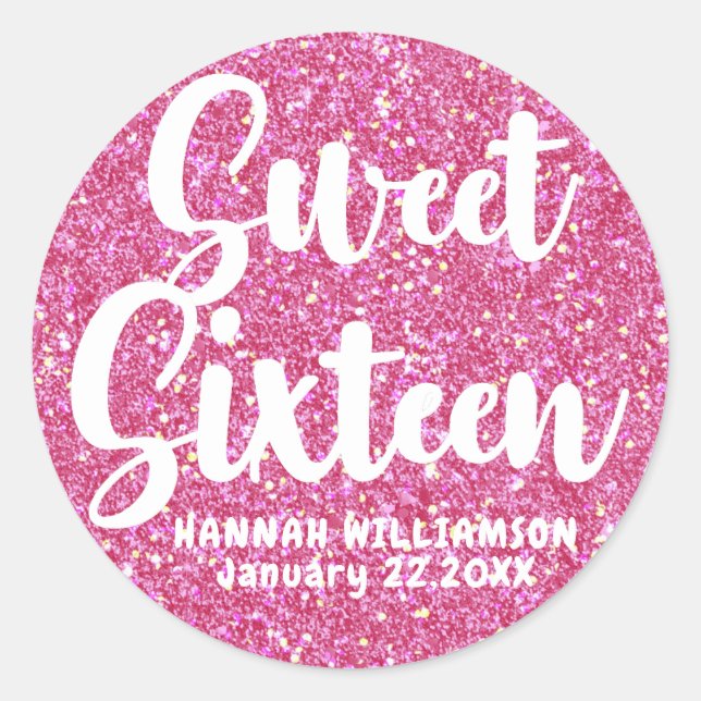 Pink Glitter Sweet Sixteen Personalized Sticker (Front)