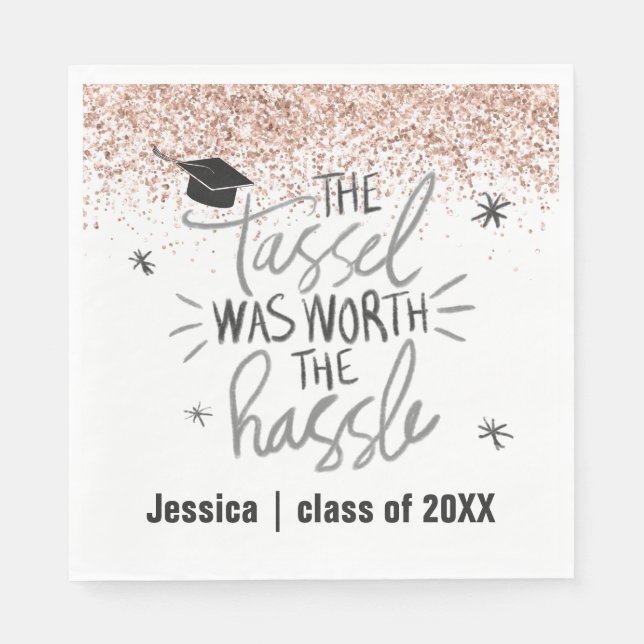 Pink Glitter Tassel Worth the Hassle Graduation  Napkins (Front)