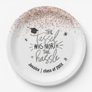 Pink Glitter Tassel Worth the Hassle Graduation Paper Plates