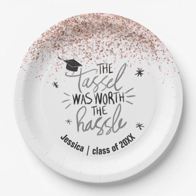 Pink Glitter Tassel Worth the Hassle Graduation Paper Plates (Front)