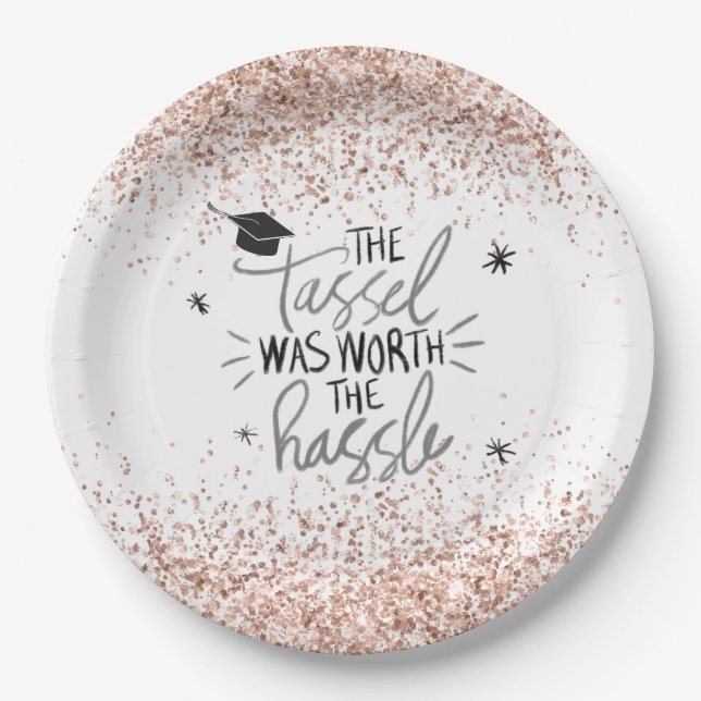 Pink Glitter Tassel Worth the Hassle Graduation  Paper Plates (Front)
