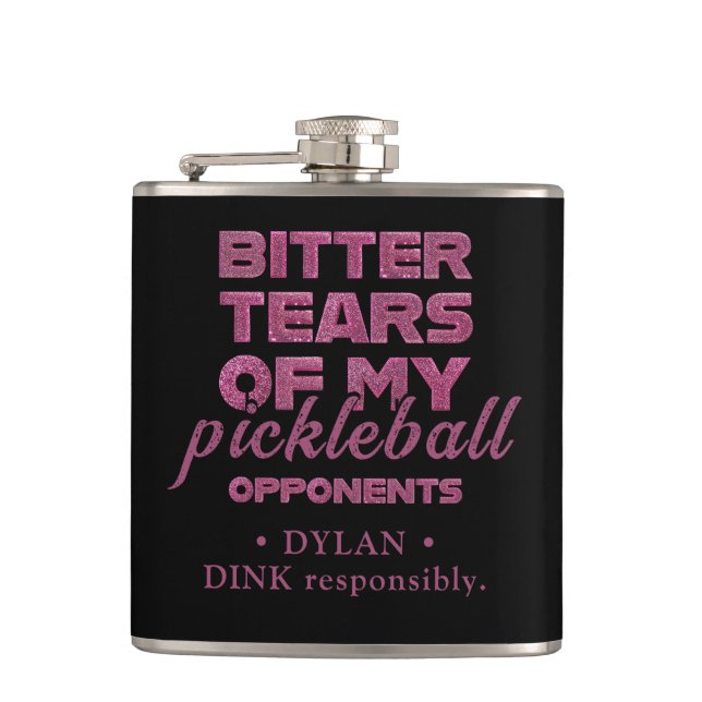 Pink Glitter Tears of My Opponents Personalized Flask (Front)