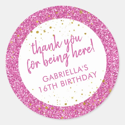 Pink Glitter Thank You Birthday Favor Classic Round Sticker